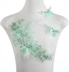 Flower Pearl Fabric Rhinestones Beaded Lace Applique,3D Butterfly Embroidered Lace Patch for Clothes,Dress (Green)