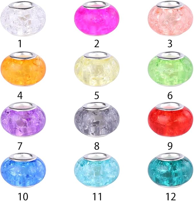 100 Pieces 14mm European Large Hole Spacer Beads Mix Color with Silver Brass Cores Assortments Charm Lampwork Beads Supplies for Necklace Bracelets Jewelry Making (Crack transparent)