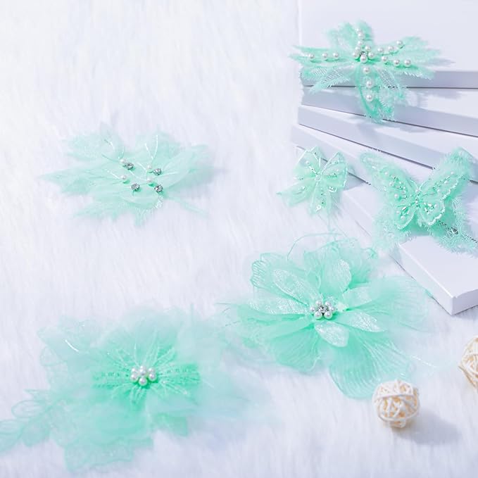 6 Pieces 3D Flower Lace Embroidery Butterflies Appliques Pearl Patches for Repairing and Decorating, Sewing Craft Clothing Jeans Jackets Bags (Green)