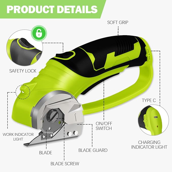 Cordless Electric Scissors, 4V Box Cutter & Cardboard Cutter with 2 Titanium Blades - Rotary Cutter with LED Light for Fabric, Leather, Carpet, Plastic, Crafting + Storage Case (Green)