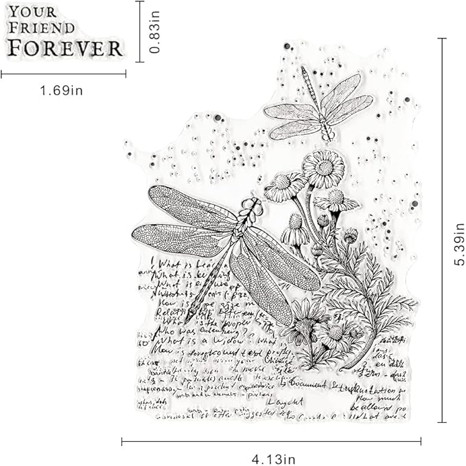 Flowers Dragonfly Background Clear Stamps for Card Making and Journaling, Retro Flowers Words Rubber Stamps Floral Leaves Scenery Stamps for Scrapbooking DIY Cards Album Crafts Supplies