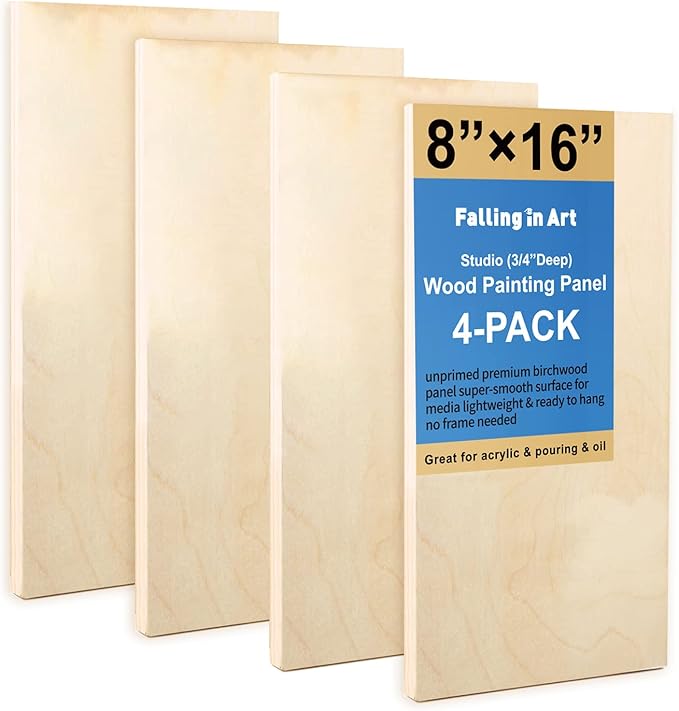 Falling in Art Unfinished Birch Wood Panels Kit for Painting, Wooden Canvas 4 Pack of 8x16’’ Studio 3/4’’ Deep, Cradle Boards for Pouring, Art, Crafts, Burning and More