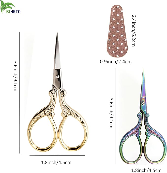 BIHRTC Small Sewing Scissors with Leather Cover Stainless Steel Scissor 3.6inch Gold Office Scissors DIY Tools Dressmaker Small Shears for Sewing Crafting Art Work Threading Needlework