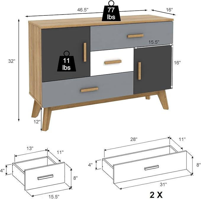 Giantex Free-Standing Floor Storage Cabinet with 2 Doors, 3 Drawers, Adjustable Shelf, Multifunctional Accent Dresser for Living Room, Entryway, 47 Inch Kitchen Sideboard