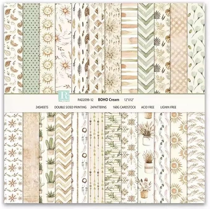 Scrapbook Paper 12x12, 24 Sheets Double-Sided BOHO Patterned Assorted Colors Decorative Crafting Paper for Origami Classroom Crafting Projects