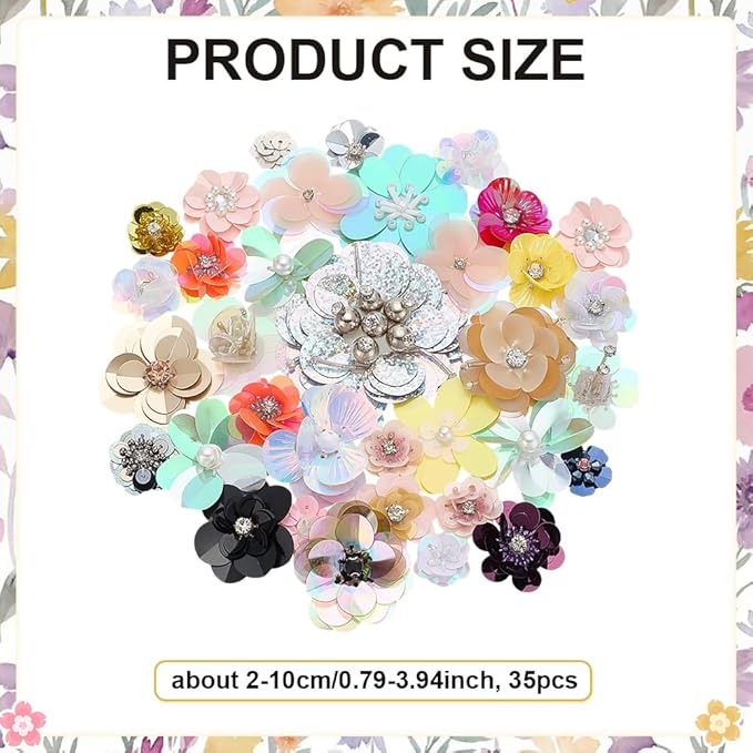 35Pcs Sequin Flower Patches Plastic Mixed Color Sequin Beaded Flower Patches Rhinestone Pearl Mix Applique Sew on Cloth Applique DIY Garment Accessory Cloth Headband Decor