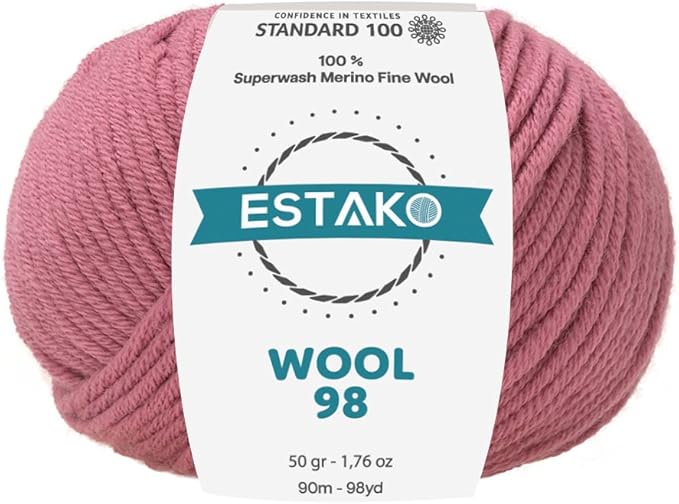 Estako Wool 98 100% Superwash Merino Wool Medium Worsted Weight Soft Knitting and Crochet Yarn 1.76 oz (50gr) 98 yds (90 m) (6377-Pink)