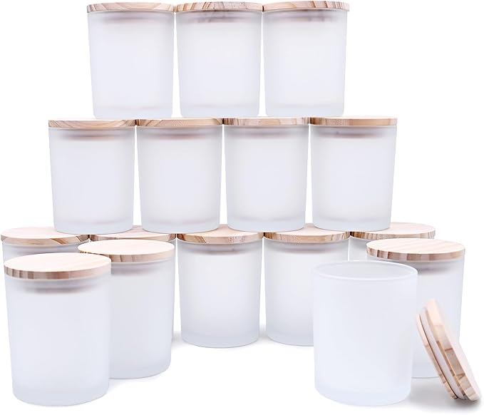 Thick Candle Jars for Making Candles 16 Pcs, 7 OZ Empty Jars with Wood Lids for Candle Making, Sample Container, Frosted White