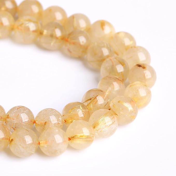 10MM 36PCS Natural Stone Golden Rutile Quartz Beads Gemstone 2A Grade Actinolite Semi Precious Crystal Loose Beads for Jewelry Making DIY Bracelet Necklace 1 Strand