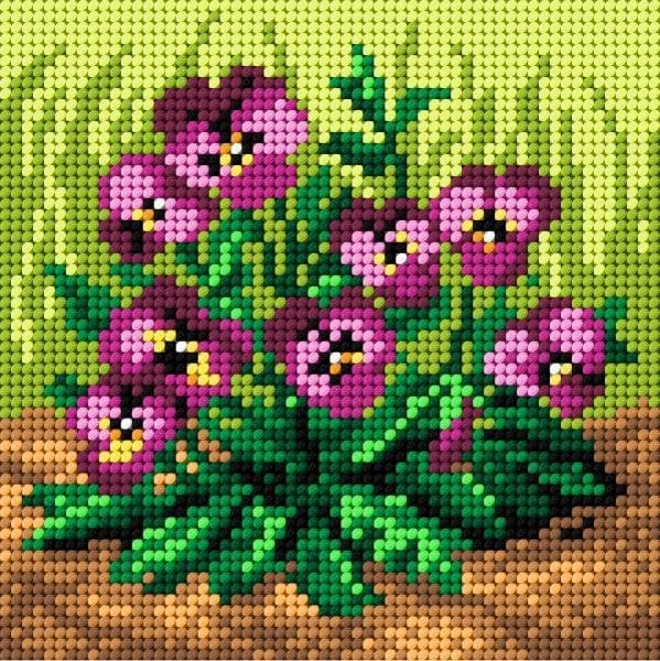 Wizardi Needlepoint Canvas for halfstitch Without Yarn Purple Pansies 2107D Orchidea