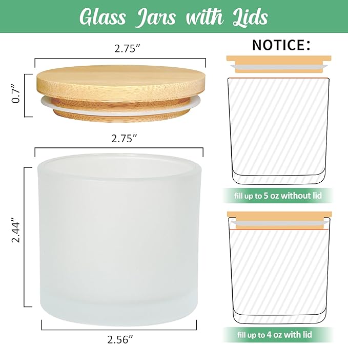 4oz Candle Jars 12 Pack- Frosted Bulk Small Glass Jars with Bamboo Lids, with Stickers and Labels, Empty Candle Jar for Making Candles Containers - Dishwasher Safe