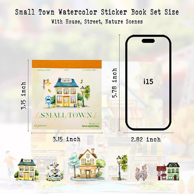 40 Sheets Small Scrapbook Sticker Books for Scrapbooking, Nordic Town Them Watercolor Scenery Stickers for Journaling, Junk Journal Supplies, Bujo, Crafts Arts