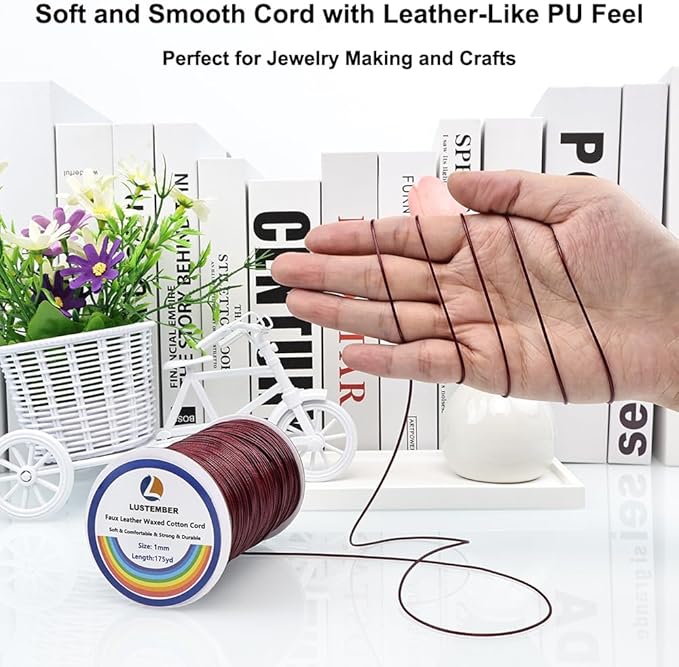 1mm Faux Leather Waxed Cotton Cord, 175 Yards – Durable Necklace String, Soft and Textured Cord for Necklaces, Bracelets, and Jewelry Making