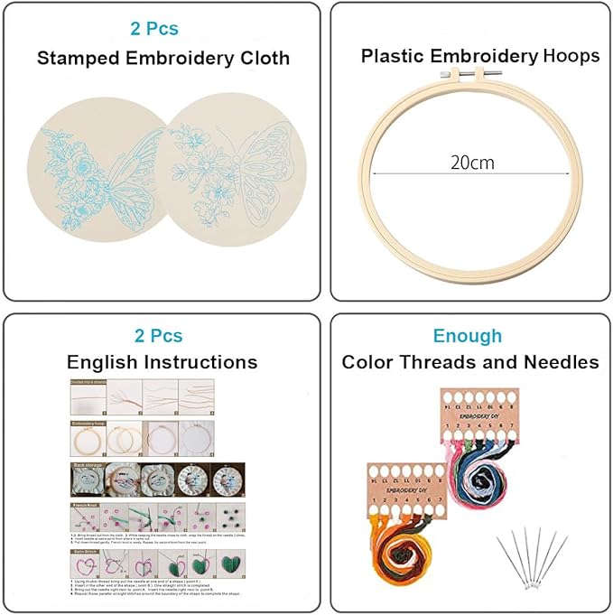 Konrisa Embroidery Starter Kits with Butterfly Flower Pattern, Stamped Cross Stitch Kits for Beginners Adults DIY Sewing Include Embroidery Hoop Embroidery Fabric Threads and Needles,Set of 2