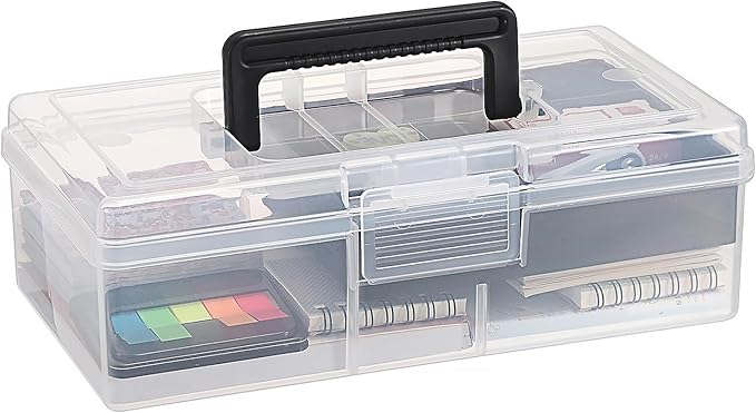 JUXYES Plastic Carry Storage Box with Removable Dividers, Clear Art Craft Supply Storage Bin Sewing Box With Handle Lid, 2 Layers Stationery Storage Case for School/Office Supplies
