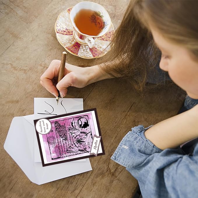 GLOBLELAND Vintage Background Cling Rubber Stamp 7.09x8.66inch Flowers Butterflies EVA Stamps Embossing Stamp Seal for DIY Scrapbooking and Card Making Paper Craft Decor