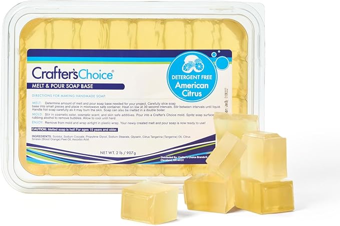Crafter's Choice Detergent Free Melt and Pour Soap Base for Soap Making and DIY Crafting Projects, SLS/SLES Free, 2LB Block (American Citrus)