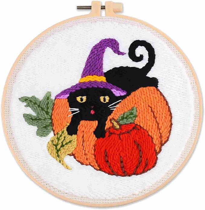 DCCQ Punch Needle Kits Adults Beginner，Cute Cartoon Pumpkin and Black Cat Pattern with Hoop Embroidery Punch Needle Starter Craft Set Easy for Adults，Children and Halloween Gifts，Decoration