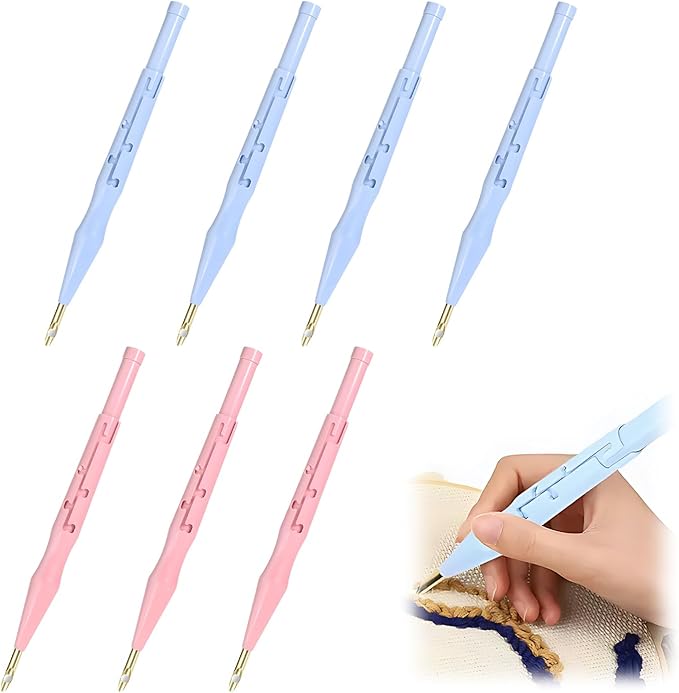 7 Pieces Punch Needle Tool, Portable Adjustable Embroidery Punch Needle for Stitching Applique Embellishment DIY Knitting (Blue, Pink)
