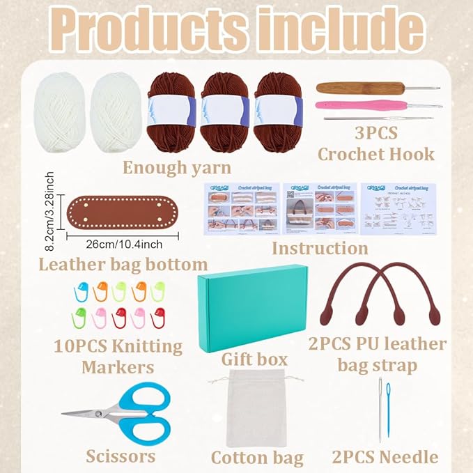 ORIGACH DIY Crochet Handbag Kit for Beginners, Chocolate Brown Striped Crochet Bag with PU Leather Band and Base, Include Yarn, Crochet Hooks, Markers and Instruction