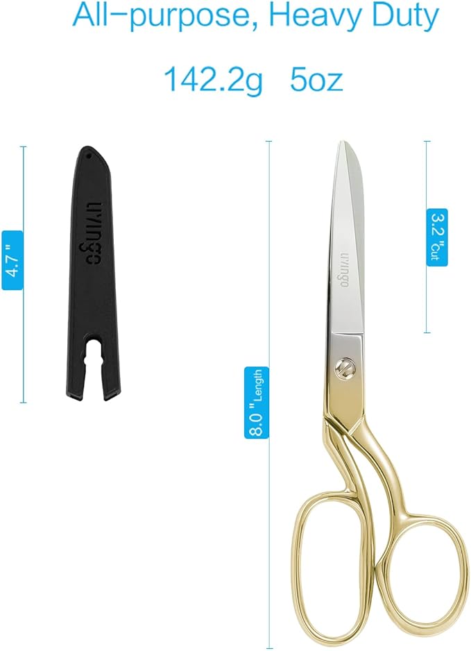 LIVINGO Professional Fabric Sewing Scissors: Multipurpose Heavy Duty Forged Stainless Steel Sharp Bent Blade Dressmaker Classic Cutting Leather Cloth Tailor Shears for Home - 8 inch Gold