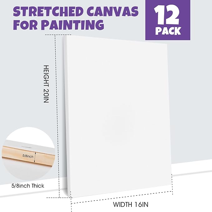 ESRICH Stretched Canvas for Painting 16x20 Inch, 12Pack Large Canvas for Painting, Primed Acid-Free Cotton Blank Canvases, Art Paint Canvases for Oil Paint,Watercolor,Acrylic Paint,Gouache and Tempera