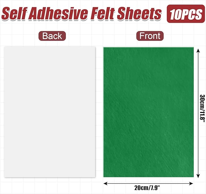 10 Pack Self Adhesive Felt Sheets - Green Felt Fabric with Adhesive Backing - Peel and Stick Felt Sheet for Arts Crafts DIY and Decorations - A4 Size(8" x 12")