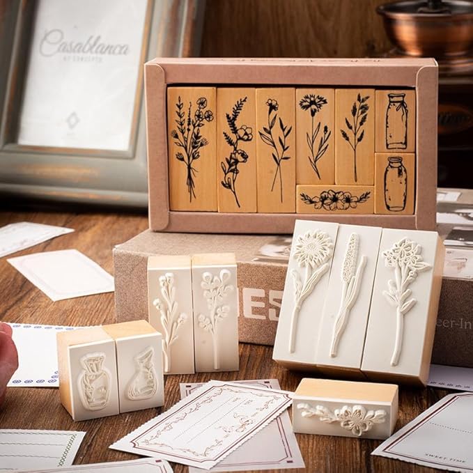 18 Pcs Stamps for Crafting, 2 Styles Plant Rubber Stamps for Crafting, Green and Black Ink Stamps, Wooden Flower