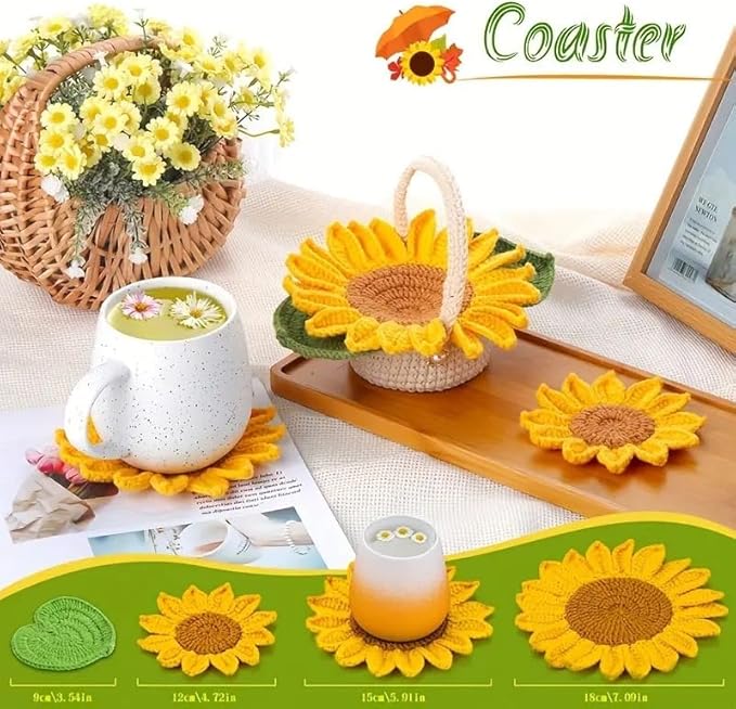 Beginner Crochet Kits, 5-Piece Sunflower Coaster Set, Plant Crochet kit, Adult Crochet Beginner Kits, with Step by Step Guide Video, Sunflower Crochet Material Tool