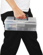 JUXYES 2 Pack Plastic Carry Storage Box with Removable Dividers, Clear Art Craft Supply Storage Bin Sewing Box with Handle Lid, 2 Layers Stationery Storage Case for School/Office Supplies Gray