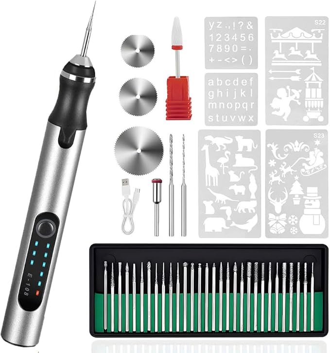 Customized USB Rechargeable Engraving Pen with 37 Bits,Cordless Portable Tool for Metal Wood Glass and Plastic Electric Engraving Pen Kit Engraving Tool for Beginner (Silvery)