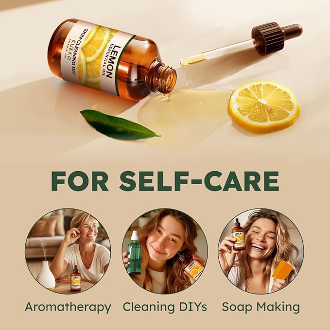 KUKKA Lemon Essential Oils - 4 Fl Oz - for Hair, Skin, Diffuser, Aromatherapy & DIY Soap Making Scent