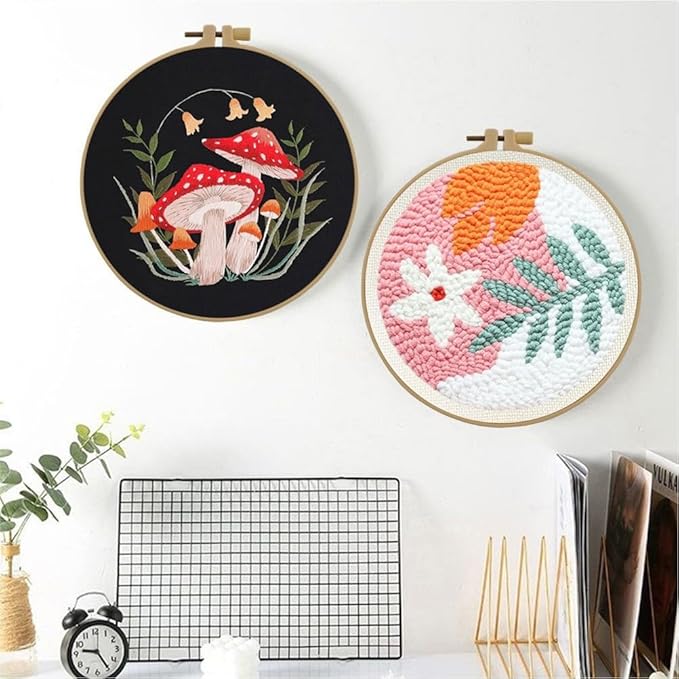 Esffaci Punch Needle Kit for Adults Beginner Starter Punch Embroidery Kit with Flower Pattern DIY Punch Stitch Supplies with Stamped Fabric Yarn Hoop Tool Instruction