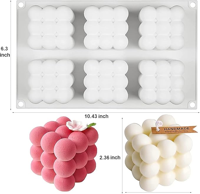 Konrisa Cube Candle Molds, 6 Cavity 3D Bubble Silicone Molds for Candles Making, Cake Mold for Baking Chocolate Dessert Mousse Cake Ice Cream and Making Soap Wax