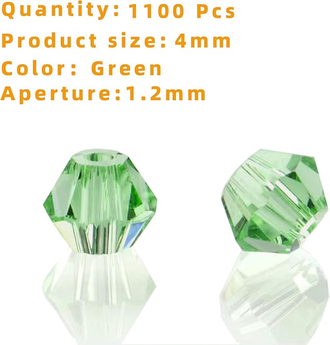 1100PCS 4mm Bicone Crystal Glass Beads for Jewelry Making, Sparkling Mini Beads for Suncatchers, DIY Bracelets & Craft Projects (Green)