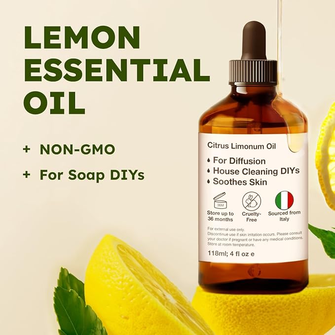 KUKKA Lemon Essential Oils - 4 Fl Oz - for Hair, Skin, Diffuser, Aromatherapy & DIY Soap Making Scent