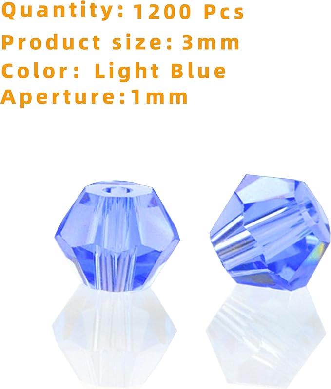1200PCS 3mm Bicone Crystal Glass Beads for Jewelry Making, Sparkling Mini Beads for Suncatchers, DIY Bracelets & Craft Projects (Light Blue)