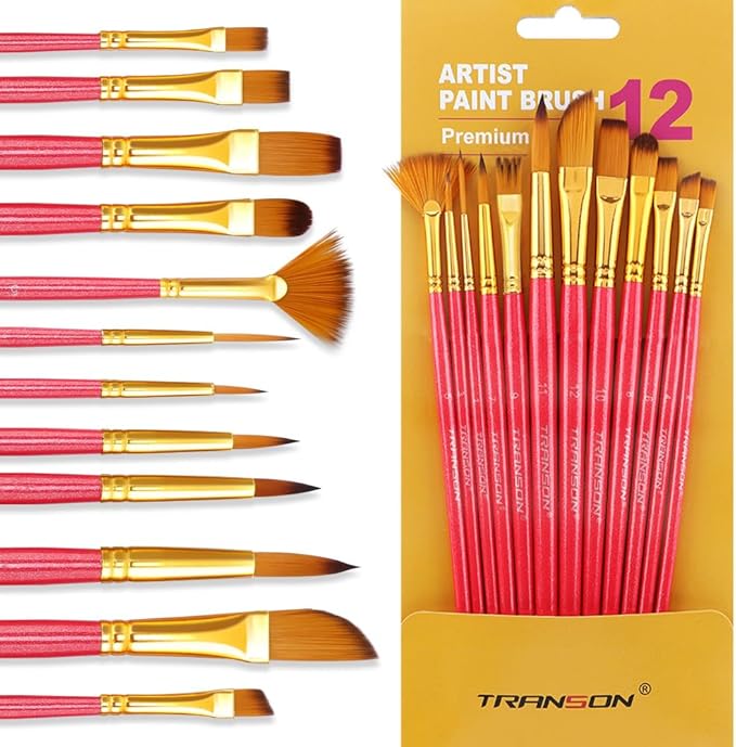 Transon Artist Paint Brush Set of 12 for Acrylic Watercolor Gouache Oil Craft Painting Red
