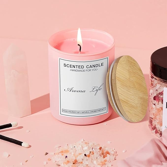 Creahaus 10oz, 16 Pack Thick Candle Jars with Bamboo Lids for Making Candles, Bulk Pink Empty Glass Candle Containers & Sticky Labels, Warming Labels Kit, Heat Resistant Candle Vessels