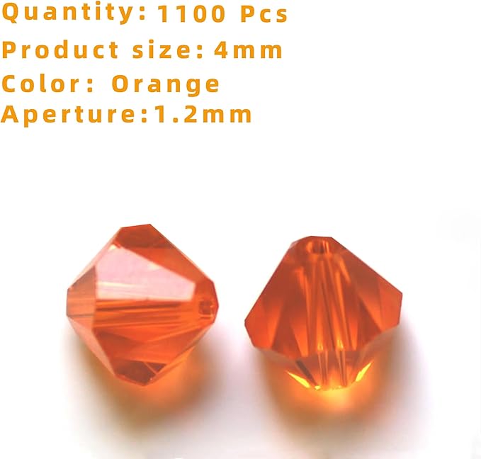 1100PCS 4mm Bicone Crystal Glass Beads for Jewelry Making, Sparkling Mini Beads for Suncatchers, DIY Bracelets & Craft Projects (Orange)