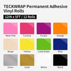 TECKWRAP Permanent Vinyl, Rainbow Sampler - 12in x 5ft Rolls 12 Colors Permanent Adhesive Vinyl Rolls for Cricut, Silhouette, Cameo Cutters, Signs, Scrap-Booking, Craft, Die Cutters