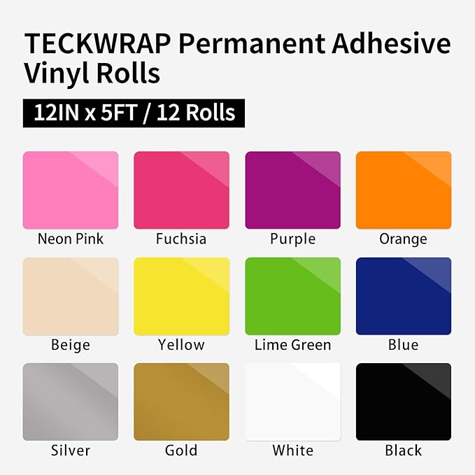 TECKWRAP Permanent Vinyl, Rainbow Sampler - 12in x 5ft Rolls 12 Colors Permanent Adhesive Vinyl Rolls for Cricut, Silhouette, Cameo Cutters, Signs, Scrap-Booking, Craft, Die Cutters