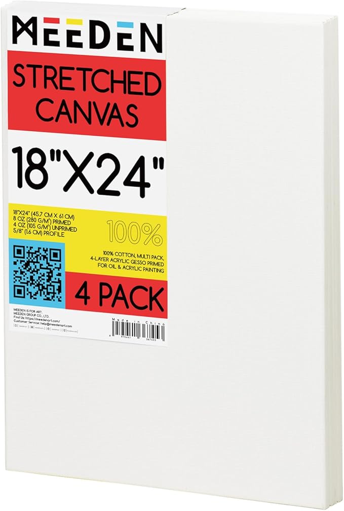 MEEDEN Stretched Canvas, 18 × 24 Inch, Pack of 4, Blank White Canvases for Painting, 100% Cotton, 14 oz Gesso-Primed, Pre-Stretched Canvas for Acrylic Oil Pouring & Airbrushing Painting