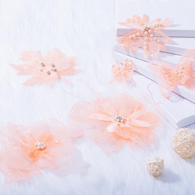 6 Pieces 3D Flower Lace Embroidery Butterflies Appliques Pearl Patches for Repairing and Decorating, Sewing Craft Clothing Jeans Jackets Bags (Orange)