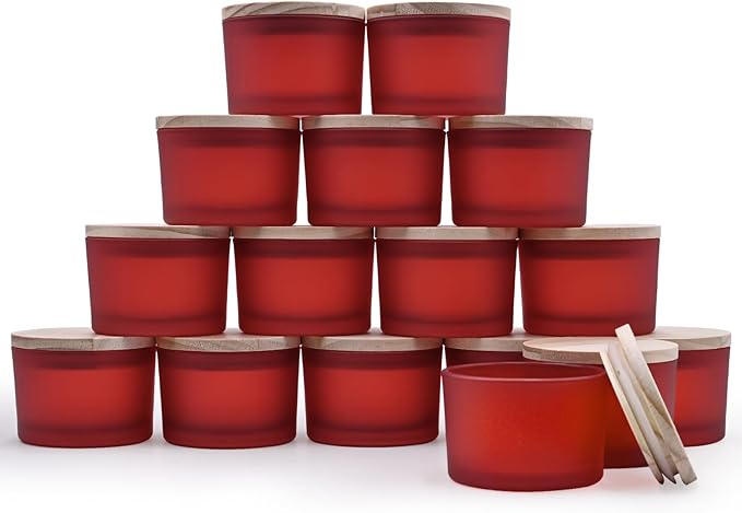 SHOWIN Thick Candle Jars for Making Candles 16 Pcs, 4 OZ Empty Jars with Wood Lids for Candle Making, Sample Container - Dishwasher Safe, Frosted Red