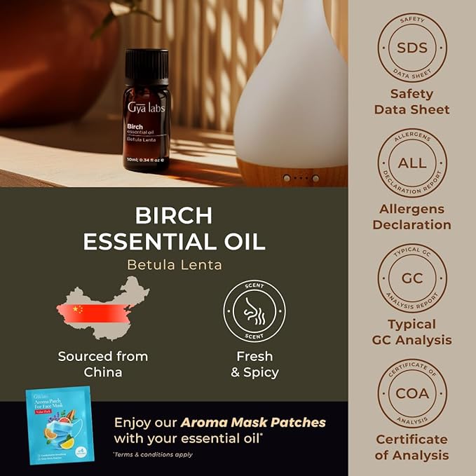 Gya Labs Birch Essential Oil - 0.34 Fl Oz - for Hair, Skin, Diffuser, Aromatherapy & DIY Candle Making Scent