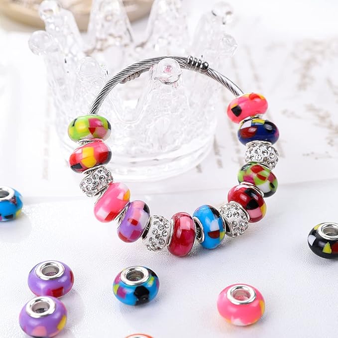 100 Pieces 14mm European Large Hole Spacer Beads Mix Color with Silver Brass Cores Assortments Charm Lampwork Beads Supplies for Necklace Bracelets Jewelry Making (Mosaic Beads)