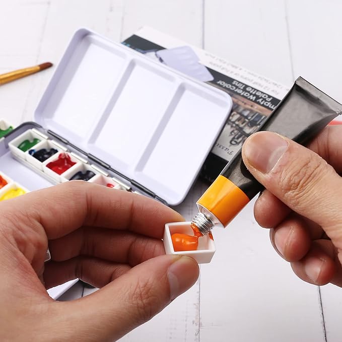 LOONENG Metal Watercolor Tin with Fold-Out Palette, Small Tray Palette with 14 Empty Half Pans for Plein Air, Acrylic and Oil Painting