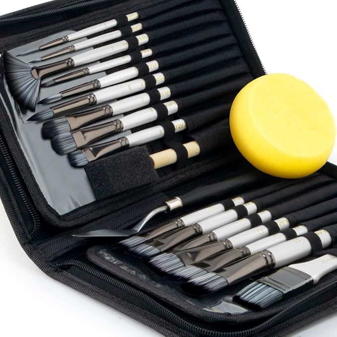 Transon Art Paint Brush Kit 16 Paint Brushes with Foam Brush Sponge Spatula and Art Case for Oil, Acrylic, Watercolor, Gouache, Painting
