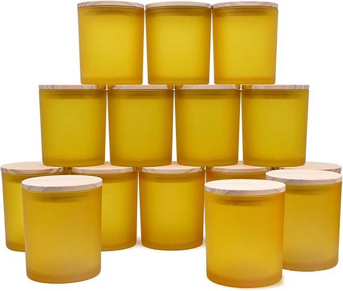 10 OZ Thick Candle Jars for Making Candles 15 Pcs, Empty Jars with Wood Lids for Candle Making, Sample Container, Frosted Yellow